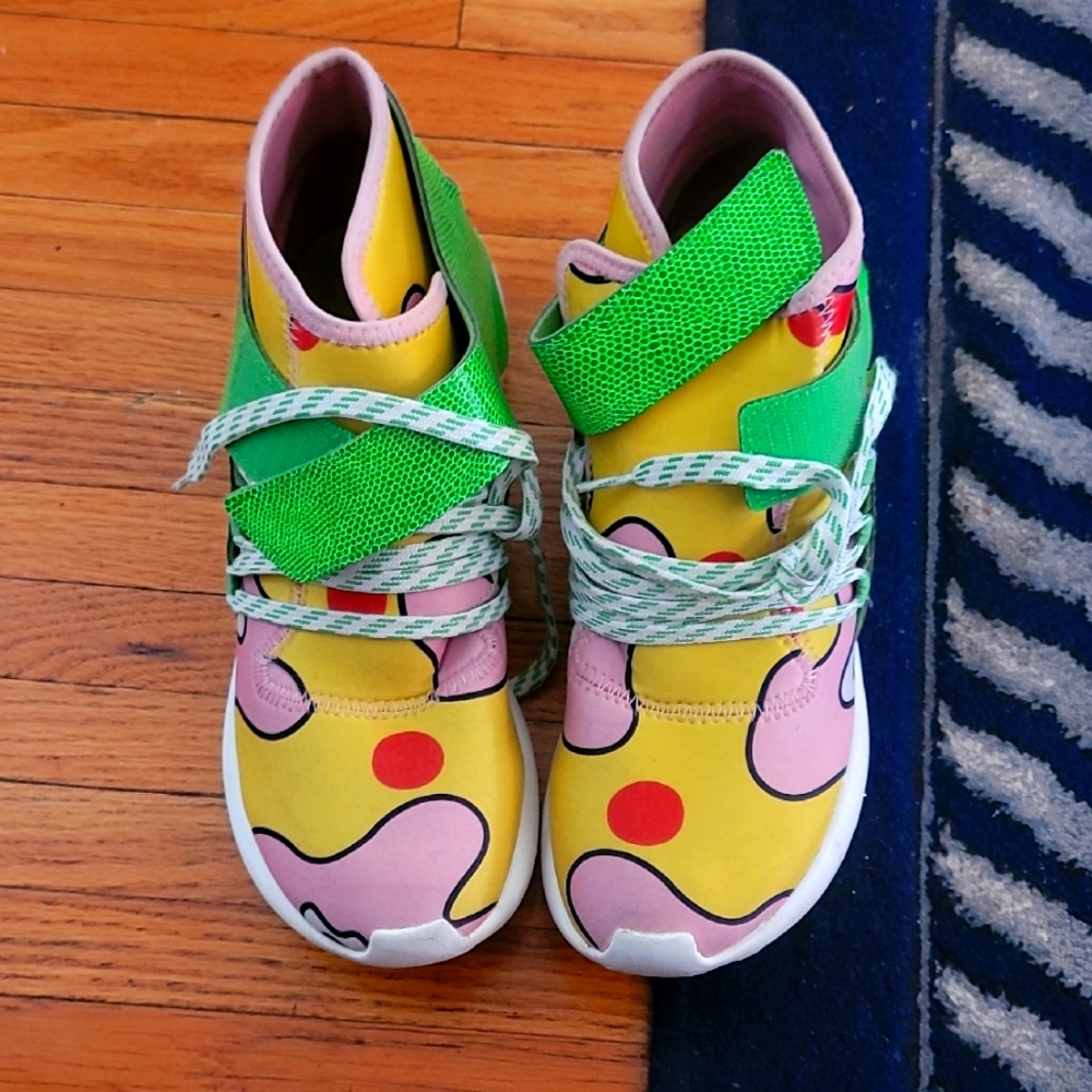Vibrant Adidas X Jeremy Scott Tubular Sneakers with Green Straps